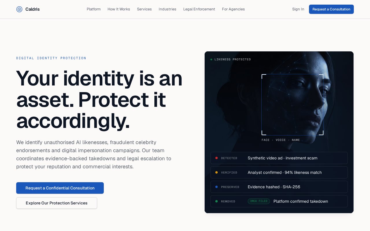 Caldris live site homepage