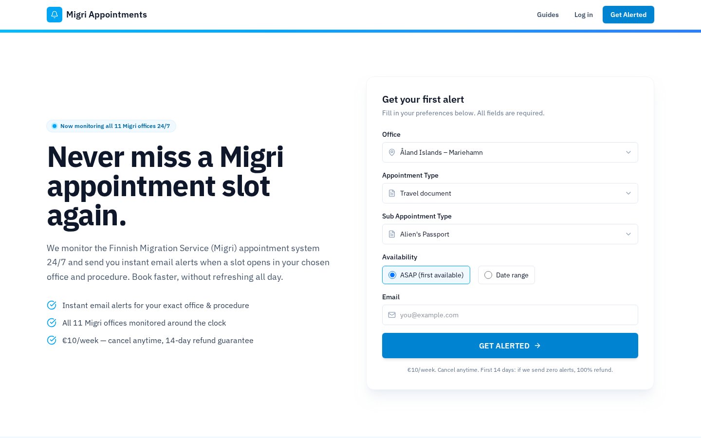 Migri Appointments live site homepage
